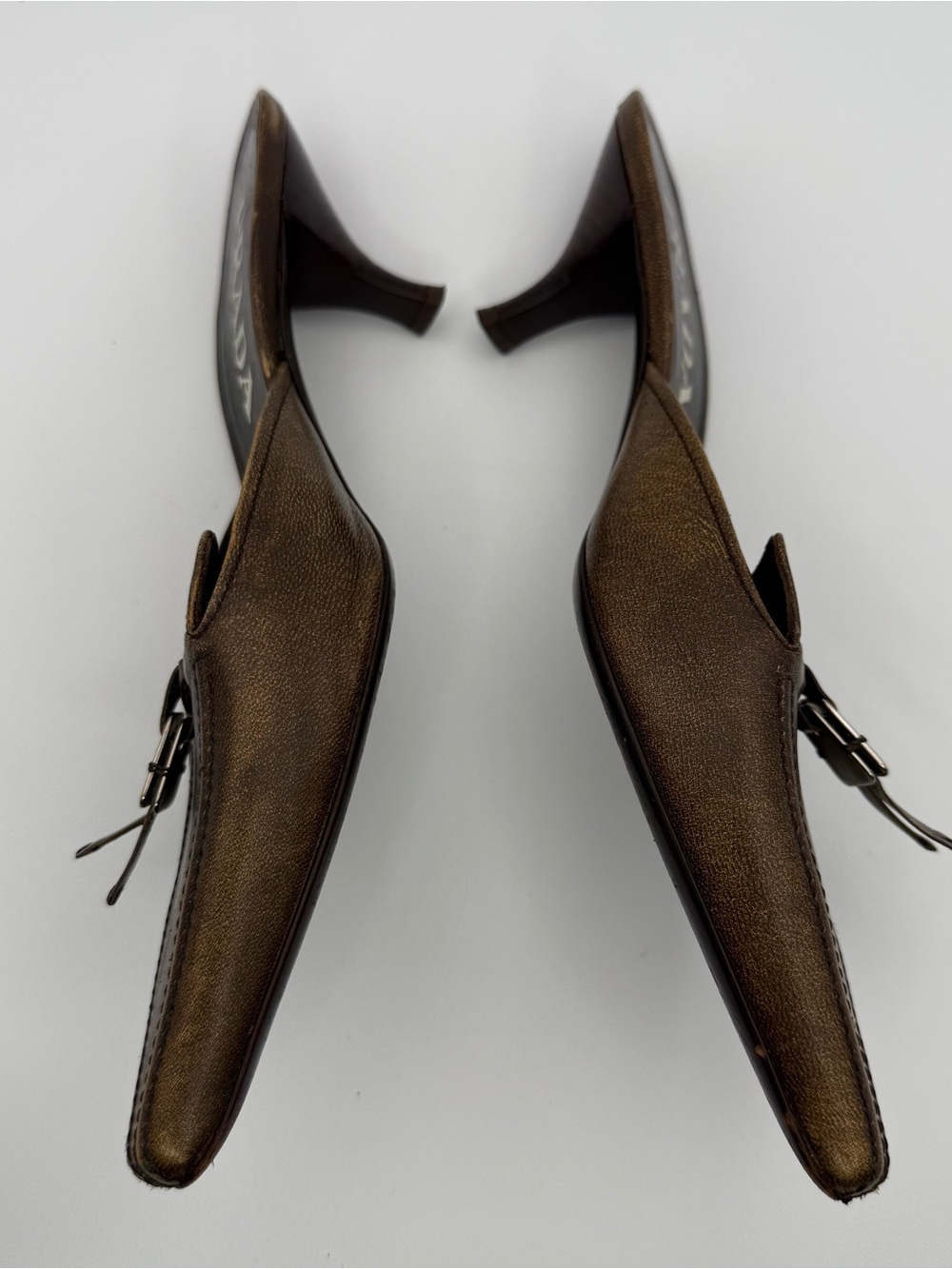Vintage Prada Bronze Brown Leather Kitten Heel Mule Slides Sz 35.5 Made in Italy - Picture 4 of 17